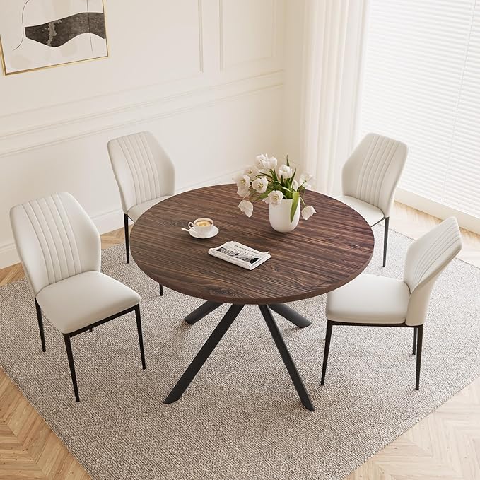 45.3'' Walnut Round Dining Table Set for 4, Mid Century Modern Small Coffee Set for Dining Room Kitchen Apartment (Dark Walnut Table + 4 White Chairs)