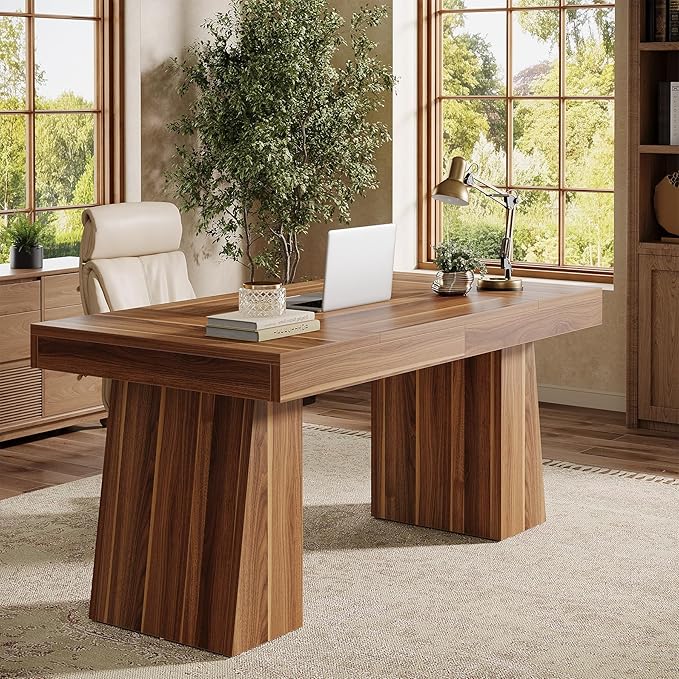 Tribesigns 55" Executive Desk, Wooden Office Desk with Double Pedestal, Modern Simple Computer Writing Table for Home Office, Medium Brown