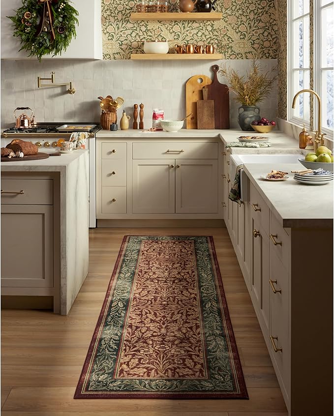 RUGGABLE x Morris & Co Machine Washable Christmas Runner Rug – Acorn Amber Red 2.5x10, Stain-Resistant, Non-Slip – Washable Rug for Hallway, Entryway, Living Room & Kitchen–with Standard Pad