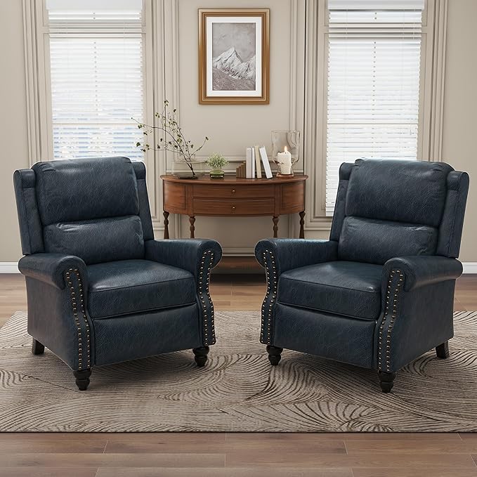 Lumibee Recliner Chair,Pushback Armchair for Small Spaces,Adjustable Backrest & Footrest Accent Chair in Comfy Fabric for Living Room, Bedroom-Navy Blue