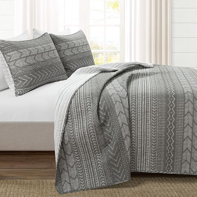 Lush Decor Hygge Geo Pattern Striped 3 Piece Quilt Bedding Set, King, Charcoal