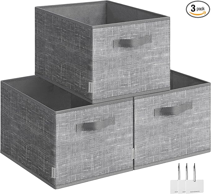 SONGMICS Storage Cubes, 15.7 x 11.8 x 9.5 Inches Non-Woven Fabric Bins with Double Handles, Set of 3, Closet Organizers for Shelves, Foldable, for Clothes, Cattail Gray UROB440G01