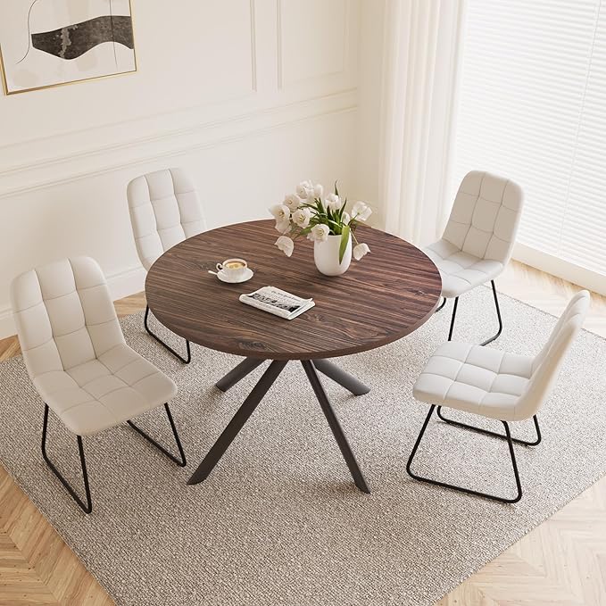 45.3 Inch Round Dining Table Set for 4, Mid Century Modern Small Coffee Set for Dining Room Kitchen Apartment (Dark Walnut Table + 4 U-Shaped White Chairs)