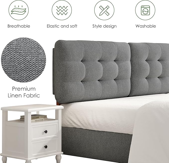 Tufted Upholstered King Headboard, Adjustable Height King Size Headboard Only from 39”to 44” with Durable Solid Wood Legs, Modern Button Diamond Fabric Head Board with Width Adapters, Grey