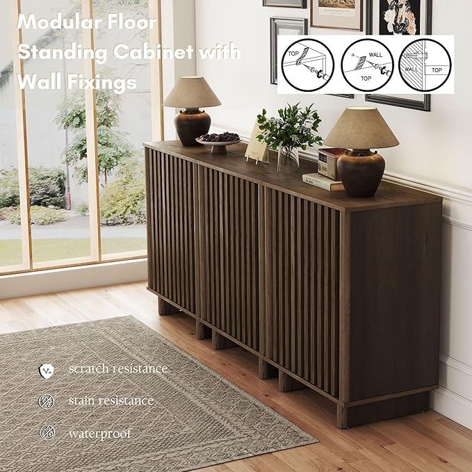 Walnut Storage Cabinet Set, Freestanding Floor Cabinet 23.6” Farmhouse Sideboard with 2 Fluted Doors Wooden Buffet Cabinet Media Console Table Credenza for Living Room Dining Room Hallway, Singe