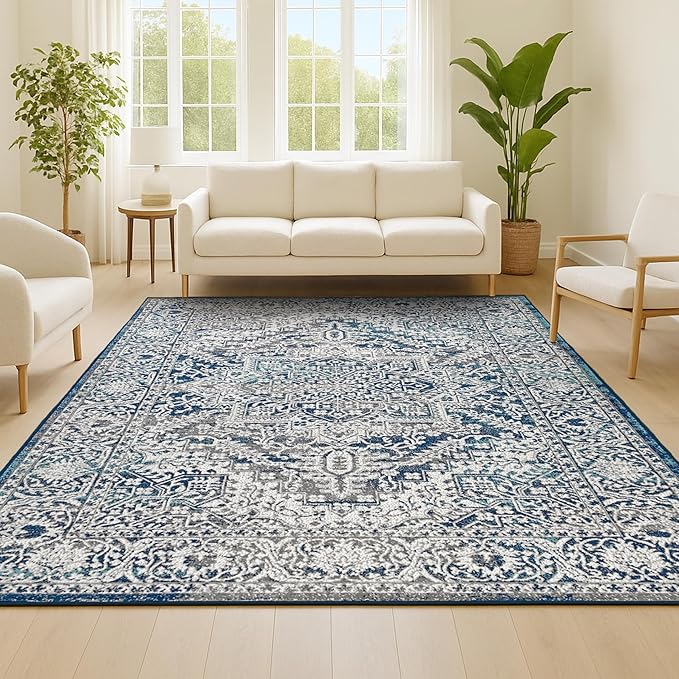 JONATHAN Y Modern Vintage Medallion Navy/Light Gray Indoor Area Rug, 10x14, Country, Floral, Easy-Cleaning for Living Room, Bedroom, Kitchen, Pet Friendly, Non-Shedding (MDP100B-14)