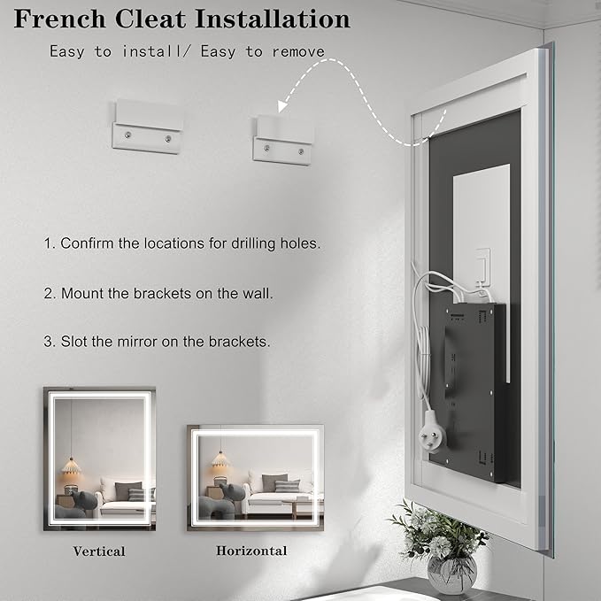 55x40 LED Bathroom Mirror, Lighted Mirror for Bathroom Wall, Backlit and Front lit, Dimmable, Anti-Fog, Shatterpoof, Memory (Horizontal/Vertical)
