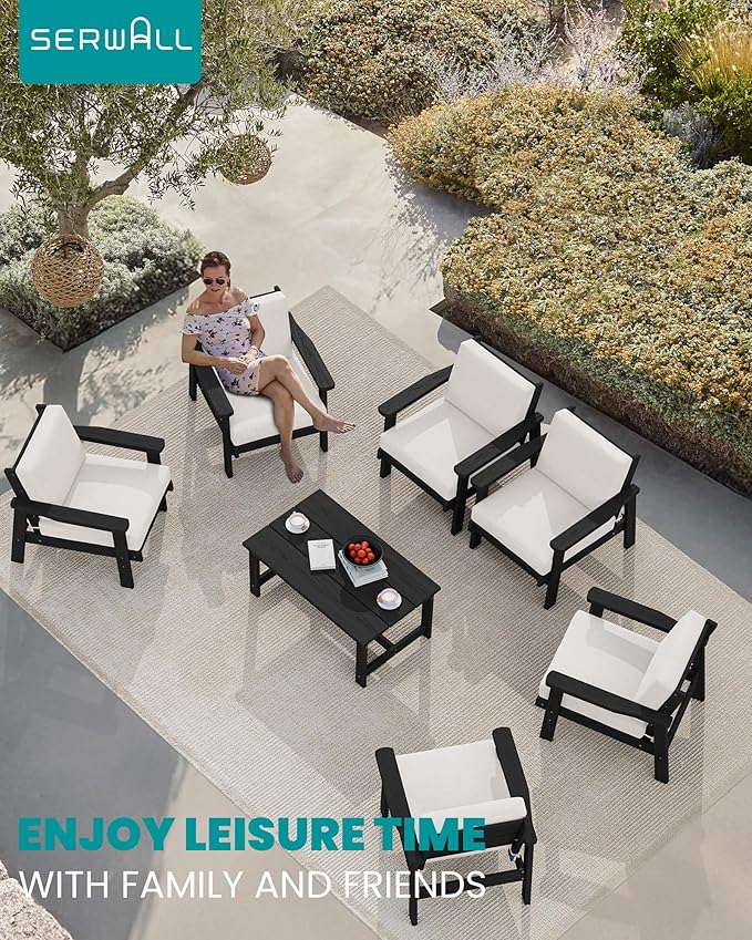 SERWALL Patio Conversation Sets, 7 Piece, Black Frame with Khaki Cushions