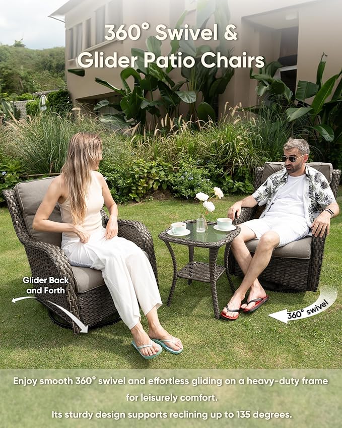 HUMMUH Outdoor Swivel Rocker Wicker Patio Chairs Set of 2, Rattan Rocking Chair Furniture Set (Grey,Grey)