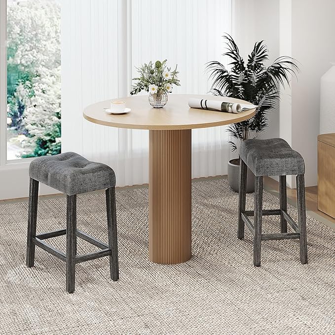 COSTWAY Wooden Saddle Stools Set of 2, 24-inch Counter Height Upholstered Backless Bar Stools with Solid Rubber Wood Legs, Padded Seat, Farmhouse Dining Chairs for Kitchen Island, Cafe, Grey
