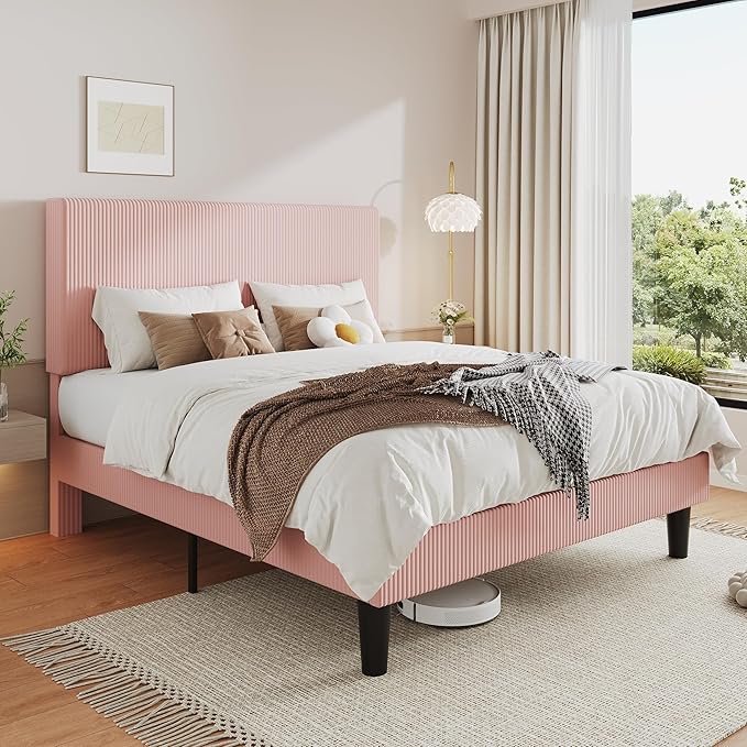 Allewie Full Size Upholstered Bed Frame with Vertical Channel Tufted Headboard, Soft Corduroy Fabric Platform Bed, Strong Wooden Slats Support, Easy Assembly, No Box Spring Needed, Light Pink