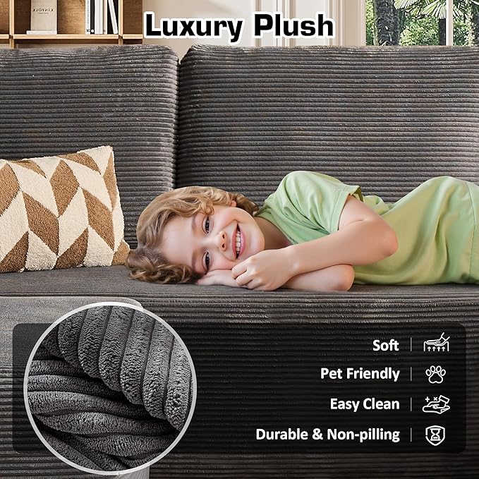 106" Cloud Sectional Couch with L-Shape Chaise & Ottoman, No Assembly Modular Sofa, Deep Seat Corduroy Boneless Couched for Living Room (Gray Stripe Corduroy, Right Facing Chaise with Ottoman)
