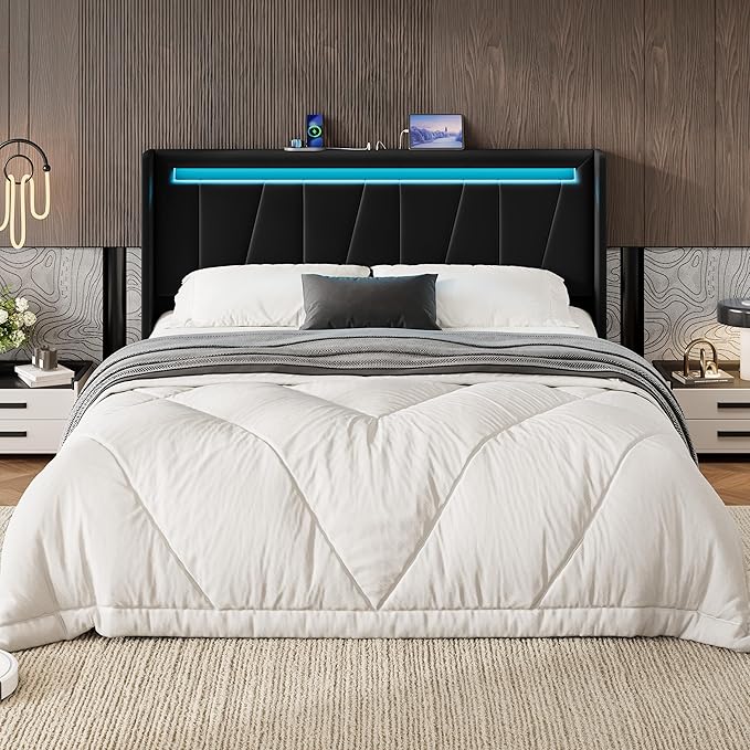 SHA CERLIN Queen Bed Frame with Charging Station and LED Lights, Modern Velvet Platform Bed with Upholstered Geometric Wingback Headboard, No Box Spring Needed, Easy Assembly, Black