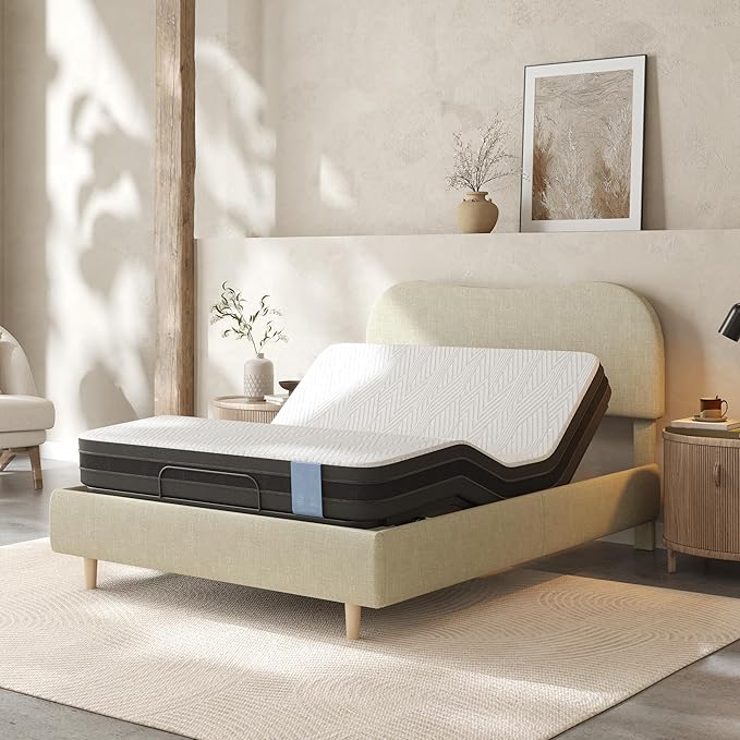 FLEXISPOT Queen All-in-One Adjustable Bed with 8" Gel Memory Foam Mattress, Linen Upholstered Bed Frame, Head & Foot Incline, Adjustable Headboard, 10-Year Warranty, Sage