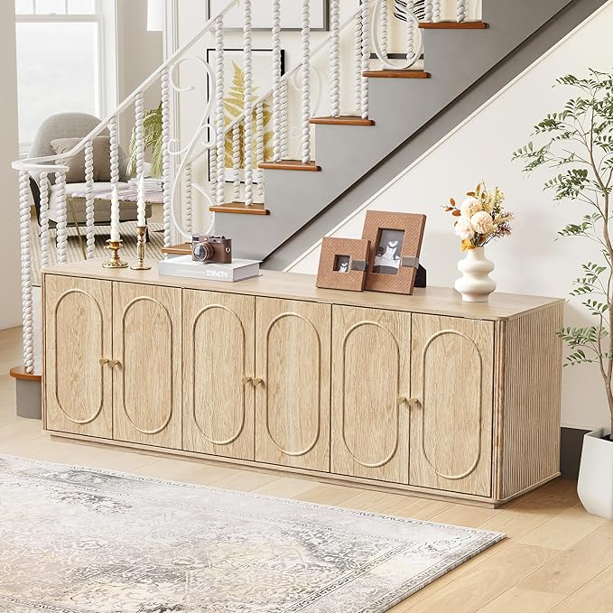 63'' Fluted Sideboard Buffet Cabinet with Storage and 6 Doors, Low Storage Cabinet Modern Wooden Accent Credenza Console Table for Kitchen Dining Living Room Entryway, (63"W*15.75"D*21.4"H) Natural