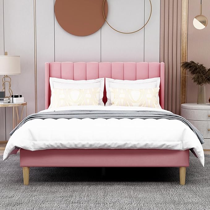 AGARTT Upholstered Platform Bed Frame Full Size with Headboard and Footboard/Wooden Slats Support/No Box Spring Needed Easy Assembly,Pink Velvet