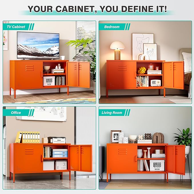 SISESOL Orange Metal Storage Cabinet with Doors and Shelves,2 Door Wide Metal Locker Accent Storage Cabinet with Leg & Vent Hole,Wide TV Cabinets,Low Side Cupboard for Home,Office,Dining/Living Room