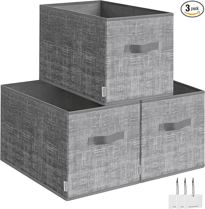SONGMICS Storage Cubes, 19.7 x 11.8 x 11.8 Inches Non-Woven Fabric Bins with Double Handles, Set of 3, Closet Organizers for Shelves, Foldable, for Clothes, Cattail Gray UROB450G01