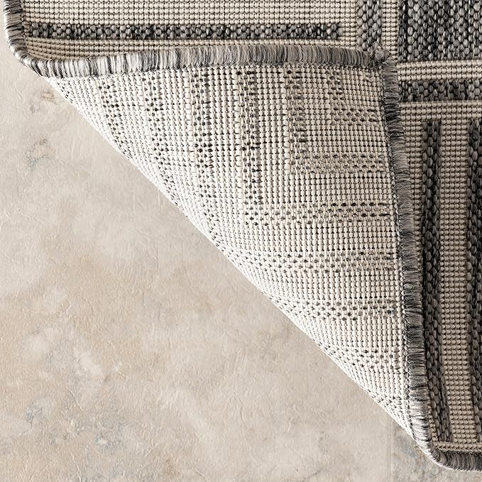 nuLOOM 8' x 10' Outdoor Area Rug, Casual Design with Striped Border, Stain Resistant, Highly Durable, for Patio, Balcony, Bedroom, Living Room, Dining Room, Bathroom, Steel