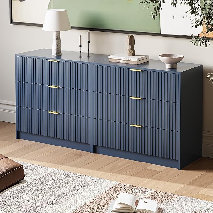 3-Piece Dresser Bedroom Set, 8 Drawer Dresser & 3 Drawer Nightstands with Gold Handles, Fluted Wood Chest of Drawers for Bedroom, Living Room, Entryway, Navy Blue