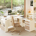 63" Standing Desk with File Cabinet, Privacy Panel, AC/USB, 1.18" Desktop, Executive L Shaped Height Adjustable Desk, Electric Stand Up Table with 3 Drawers, White Rattan
