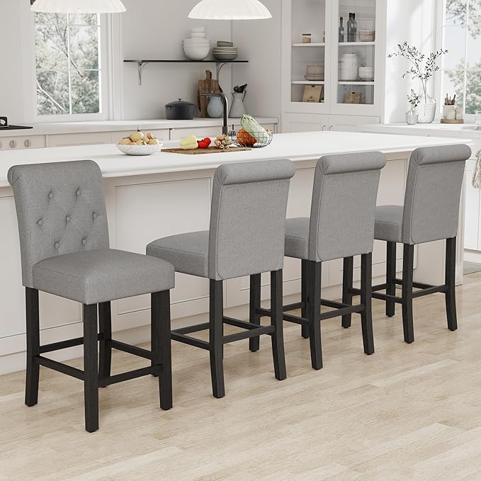 GOTMINSI 24inch Counter Height Bar Stool, Set of 4 Counter Height Chairs for Kitchen Island Upholstered Back Bar Chairs Fabric Barstool with Button Tufted Decoration Leisure Style (Grey)