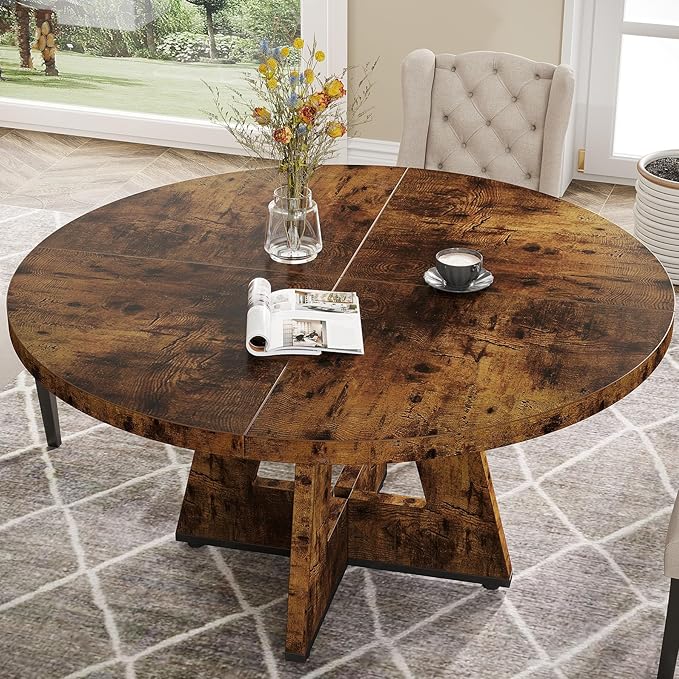 Tribesigns Farmhouse Dining Table, 47 Inch Round Dinner Table for 4, Rustic Round Dining Room Table for Home Dining Room Living Room (Dark Brown)