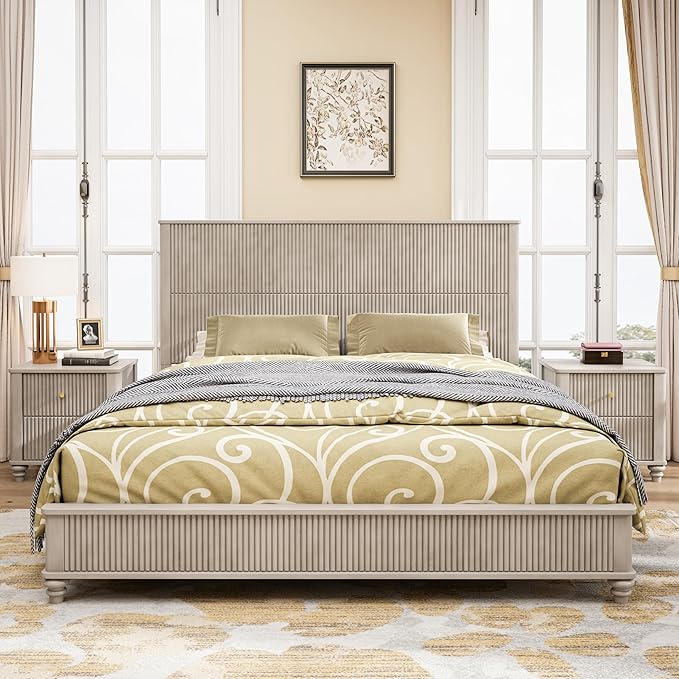 King Size Solid Wood Platform Bed Frame, Solid Wood Bed with 79.13" Headboard, Solid Wood Leg/No Box Spring Needed/Noise Free/Beige