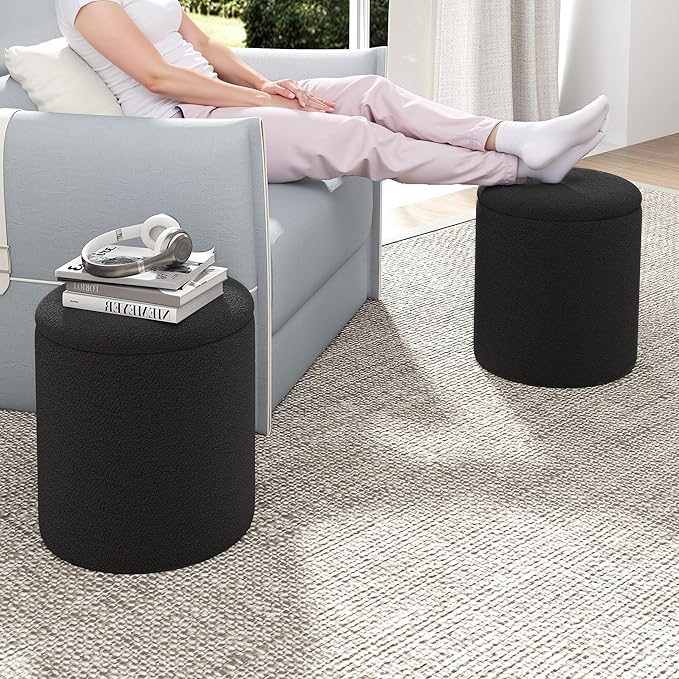 Ottoman Poufs with Storage, Set of 2 Soft Upholstered Vanity Stool,Multifunctional Ottomans Coffee Table Padded Seat Foot Rest for Living（Black, Pack of 2）