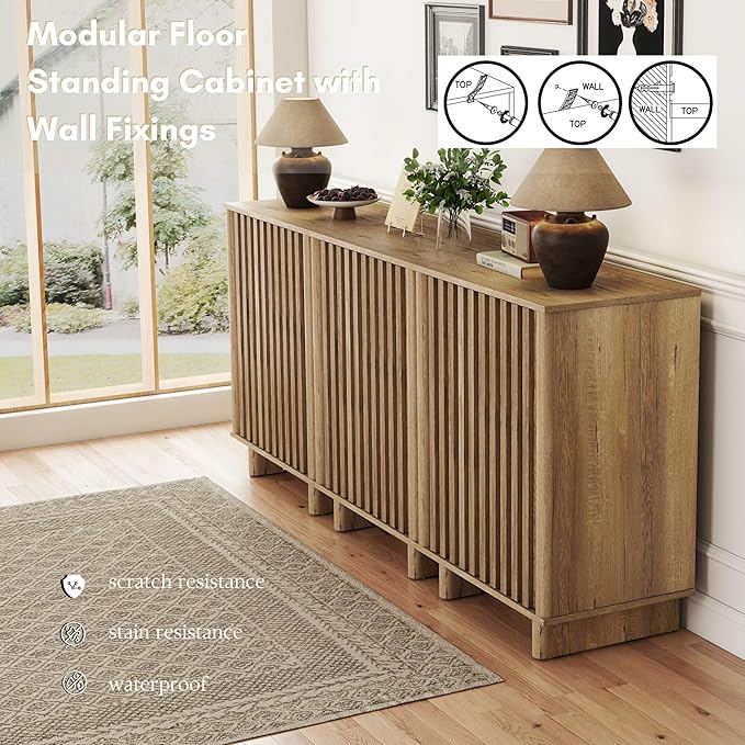 Natural Storage Cabinet Set, Freestanding Floor Cabinet 23.6” Farmhouse Sideboard with 2 Fluted Doors Wooden Buffet Cabinet Media Console Table Credenza for Living Room Dining Room Hallway, Singe