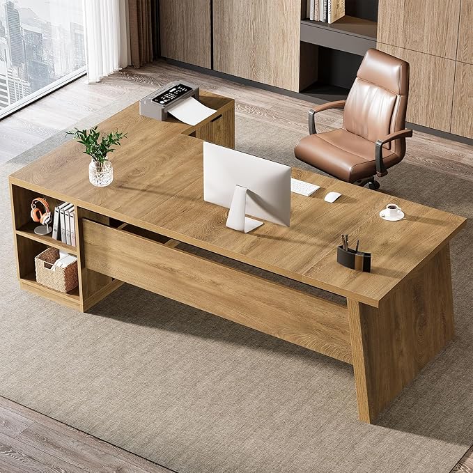 Tribesigns 78" L Shaped Desk with Drawers, Large Executive Office Desk with File Cabinet and Shelves, Modern Corner Computer Table Business Furniture for Home Office, Brown