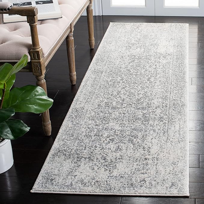 SAFAVIEH Evoke Collection Runner Rug - 2'2" x 9', Ivory & Grey, Distressed Design, Non-Shedding & Easy to Clean, Ideal for Foyer, Bedroom, Kitchen, Hallway (EVK256F)