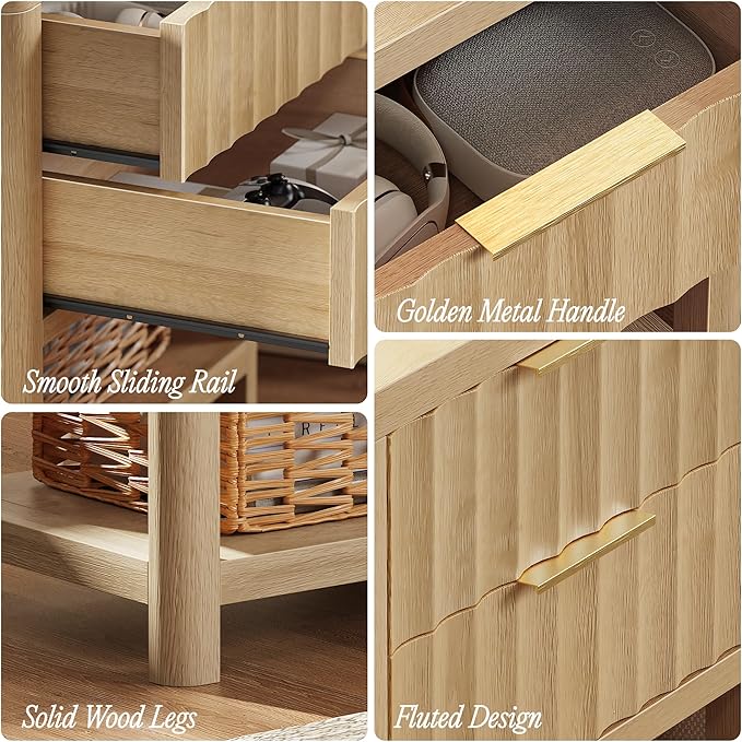 Huuger 27.6 Inch Tall Night Stand with Charger Station, USB-C Port, Fluted Nightstand with 2 Deep Drawers, Larger Wider Bed Side Table with Open Shelf, Bedroom Living Room End Table, Natural