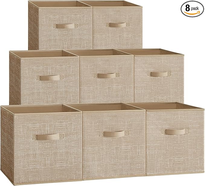 SONGMICS Storage Cubes, 13 x 13 x 13 Inches Non-Woven Fabric Bins with Double Handles, Set of 8, Closet Organizers for Shelves, Foldable, for Clothes, Sand Beige UROB833K03