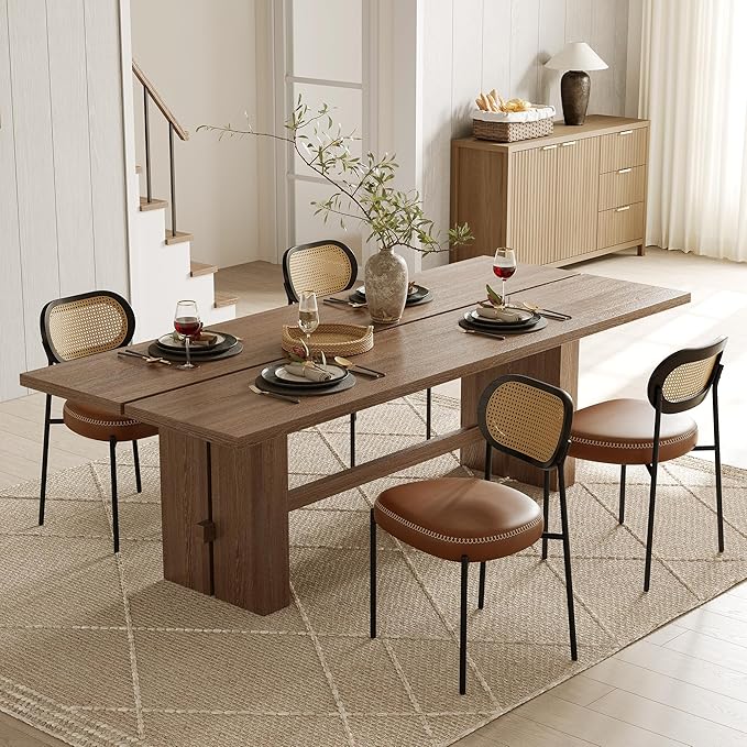 Rattan Dining Chairs Set of 2, Camel Leather Upholstered Dining Chairs with Rattan Cane Back, Mid Century Modern Dining Room Chairs with Black Metal Legs & D-Shaped Thicken Cushion, Camel