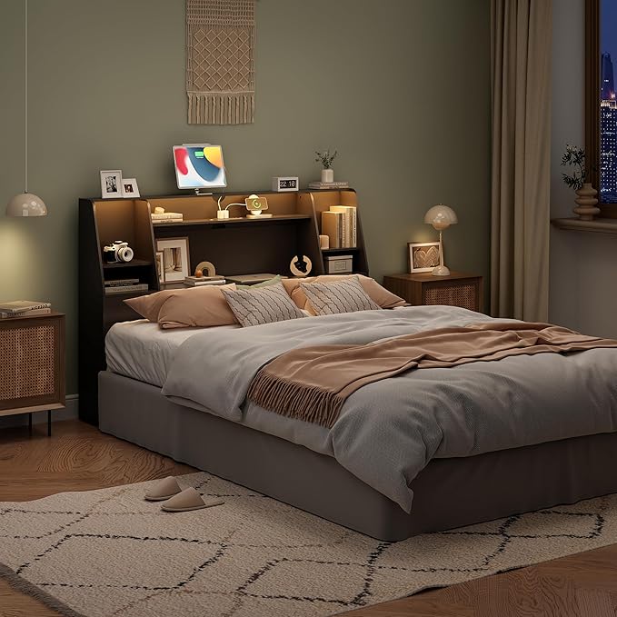 Queen/Full Headboard Queen Size with Storage, Wood Bookcase Headboard with Charging Station & 2 LED Lights, Modern Headboard Only for Queen Size Bed, Noise-Free, Sturdy and Durable, Black