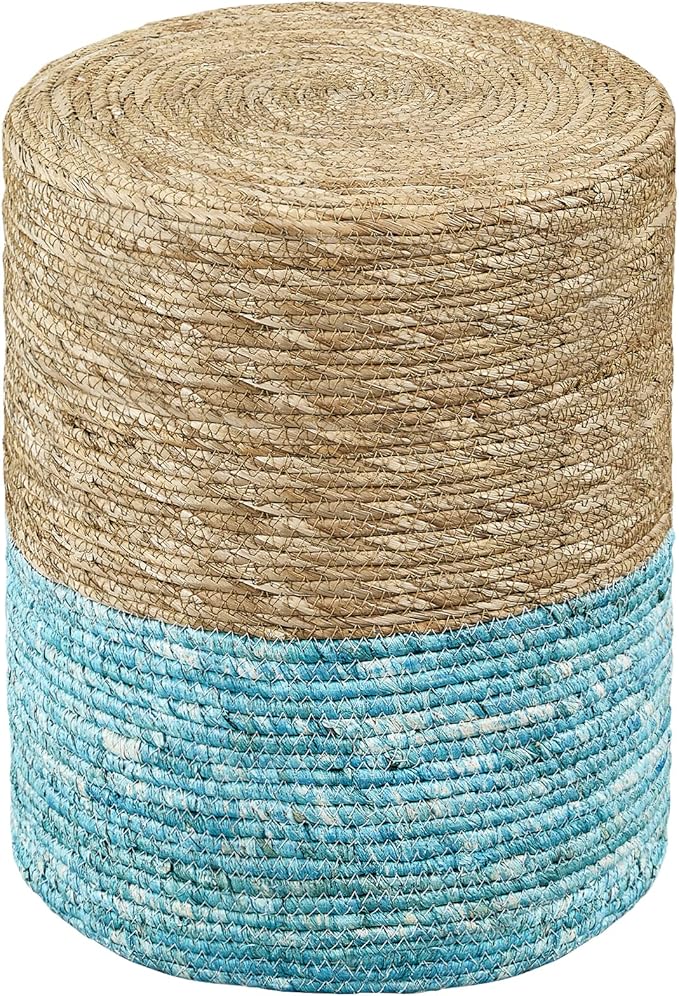 Wimarsbon Ottoman Poof, Natural Seagrass Poufs, Hand Weave Round Footstool, Pouffe Accent Chair, Sitting Braided Footrest W/Jute Cover, Outdoor Ottoman, for Living Room, Bedroom