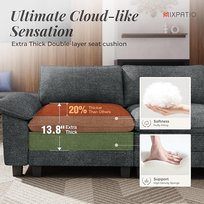 U-Shaped Cloud Modular Sofa Set, Deep Seat 3-Piece 6-Seater Sectional Couch & Removable Arms, Plush Chenille for Living Room - Cyan