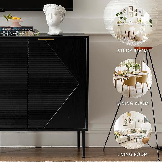 Sideboard Buffet Cabinet Set of 2, Modern Storage Cabinets with Doors and Shelves, Wooden Fluted Cabinet for Living Room, Entryway, Kitchen (2, Embossed Black)