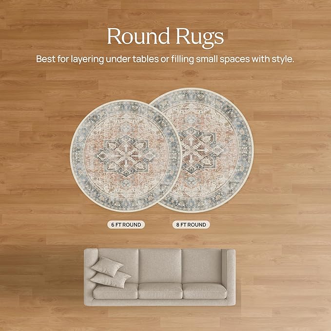 RUGGABLE Washable Vintage Area Rug – Kamran Ivory Opal 6 ft Round, Stain-Resistant, Non-Slip – Medium Machine Washable Rugs for Living Room, Bedroom, Hallway, Entryway & Office–with Cushioned Pad