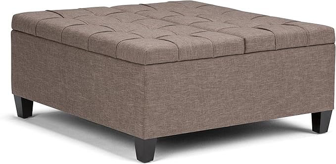 SIMPLIHOME Harrison Coffee Table Storage Ottoman - 36 inch Wide Upholstered Linen Look Fabric Square Lift-Top Ottoman in Fawn Brown, Transitional Ottoman for Living Room with Hidden Storage