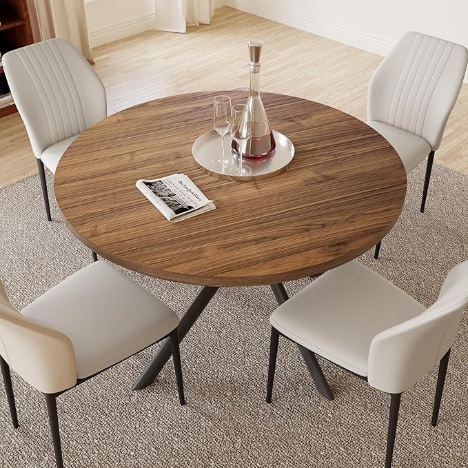 45.3'' Walnut Round Dining Table Set for 4, Mid Century Modern Small Coffee Set for Dining Room Kitchen Apartment (Light Walnut + 4 White Chairs)