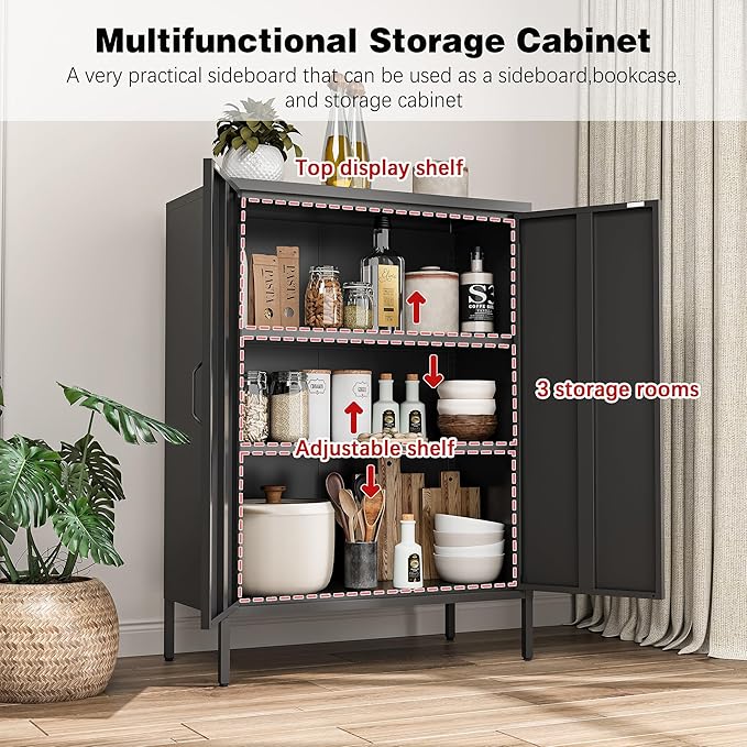 Metal Locker Storage Cabinet, Home Office Metal Storage Cabinet Small Sideboard with 2 Doors and 2 Adjustable Shelves,40" Counter Cabinets for Office Garage Bathroom Living Room Hallway