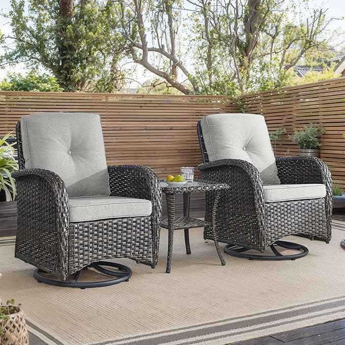 HUMMUH Outdoor Swivel Chairs,3 Pieces Patio Furniture Set with 360 Degree Wicker Swivel Rocking Chairs and Side Table for Garden,Porch,Backyard (Brown/Beige)