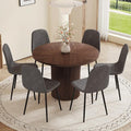 Round Dining Table Set for 6 with Storage, 42" Round Dining Table with 6 Fabric Chairs, 7 Piece Kitchen Table Chairs Set of 6 with Thick Wood Top, Roman Column Pedestal, Space-Saving