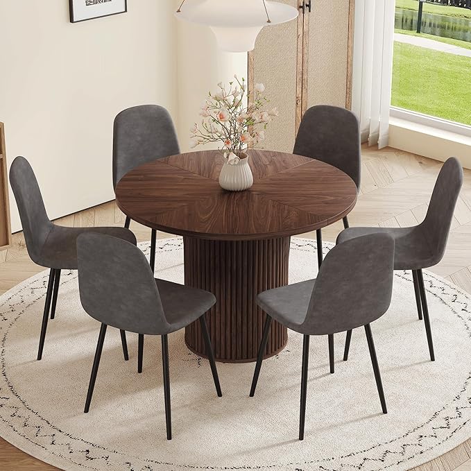 Round Dining Table Set for 6 with Storage, 42" Round Dining Table with 6 Fabric Chairs, 7 Piece Kitchen Table Chairs Set of 6 with Thick Wood Top, Roman Column Pedestal, Space-Saving