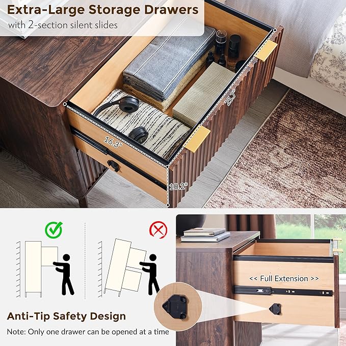 T4TREAM Fluted File Cabinet, 30" Lateral File Cabinet w/Files Hanging Rod for Letter/Legal/A4, Large Tabletop for Printer, Wood Filing Cabinets for Home Office, Walnut