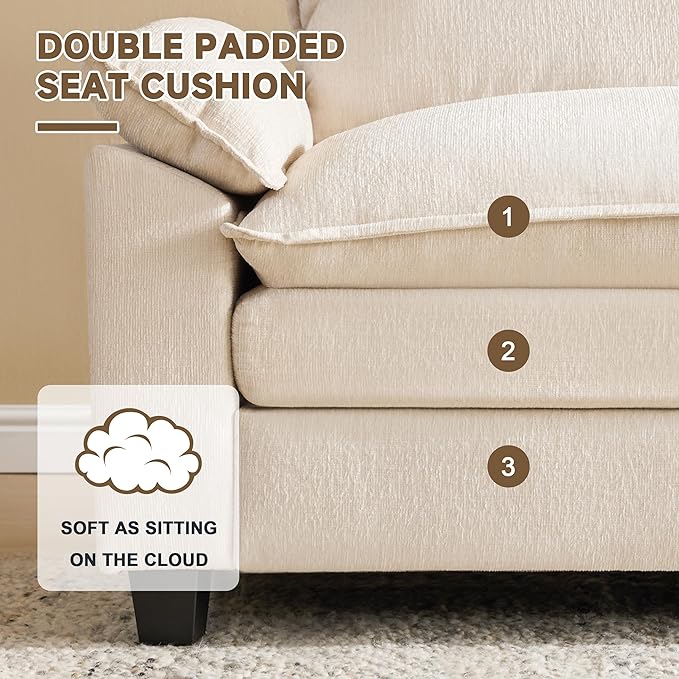 114 Inch Cloud Couch Sectionals with Ottoman, Big Comfy Modular Couches, Cloud Sofas, L Shaped 5 Seat Modular Sectional Sofa, Modern Sectional Couches for Living Room, Deep Seat Sofa, Beige