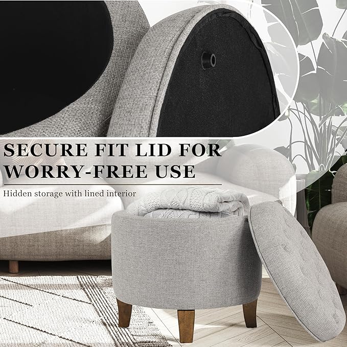 Homepop Home Decor | Upholstered Round Tufted Foot Rest Ottoman | Ottoman with Storage for Living Room & Bedroom | Decorative Home Furniture, Gray Fabric