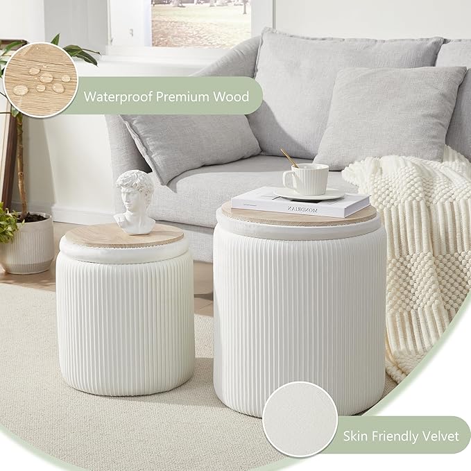 Royal Windsor Round Ottoman with Storage Set of 2,Vanity Stool with Storage for Bedroom, Ottoman Coffee Table,Small Velvet Foot Stool for Living Room, White